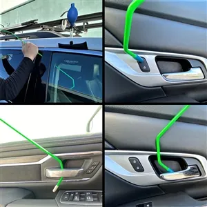 Auto locksmith opening a locked car door with air wedge and reach tool