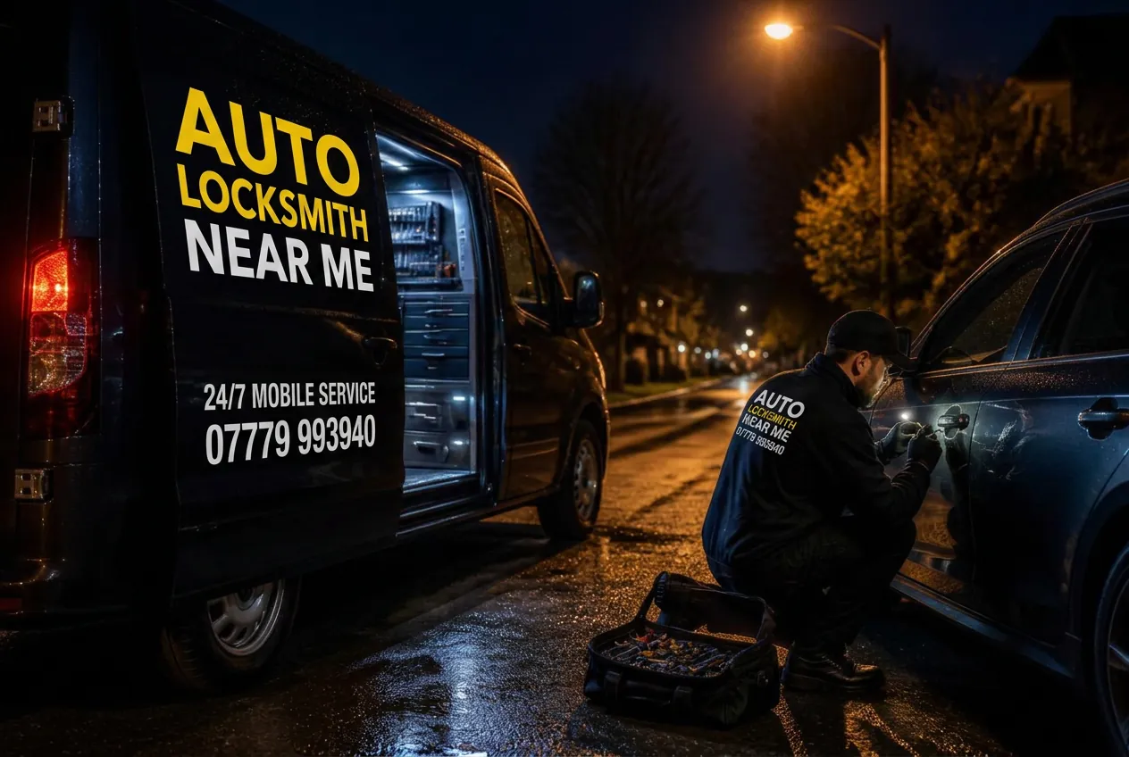 Auto Locksmith Near Me van parked beside a car at night while a technician programs a replacement key